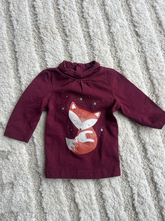 T-shirt à manches longues bordeaux avec col roulé motif renard - 1 mois