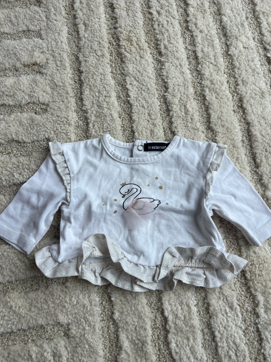 T-shirt à manches longues blanc motif cygne et détails volantés beige - 1 mois