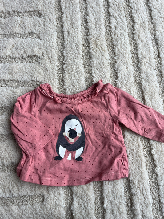 T-shirt à manches longues rose à pois motif pingouin avec col volanté - 1 mois