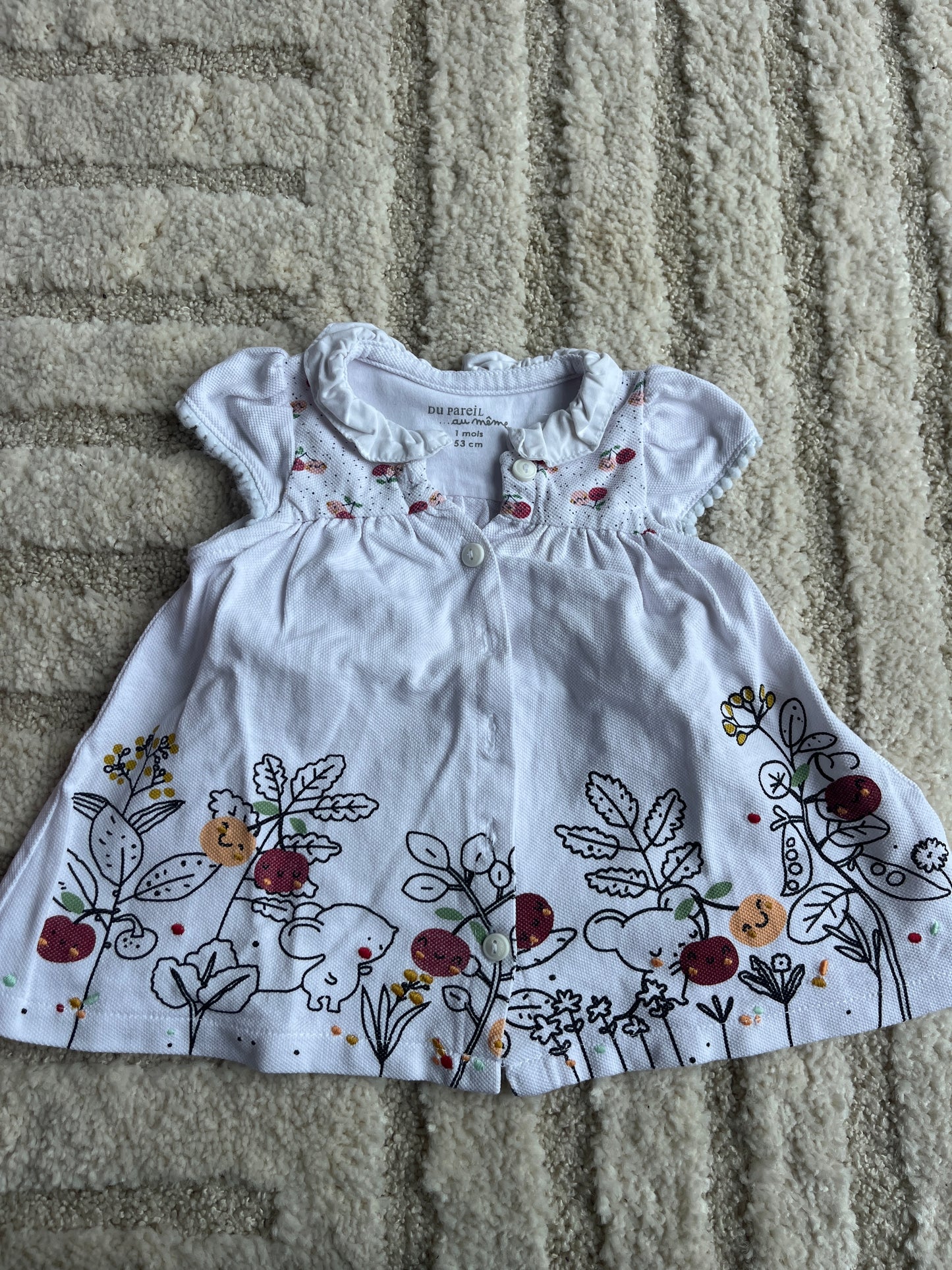 Robe à manches courtes blanche effet lin fleurie et souris DPAM - 1 mois