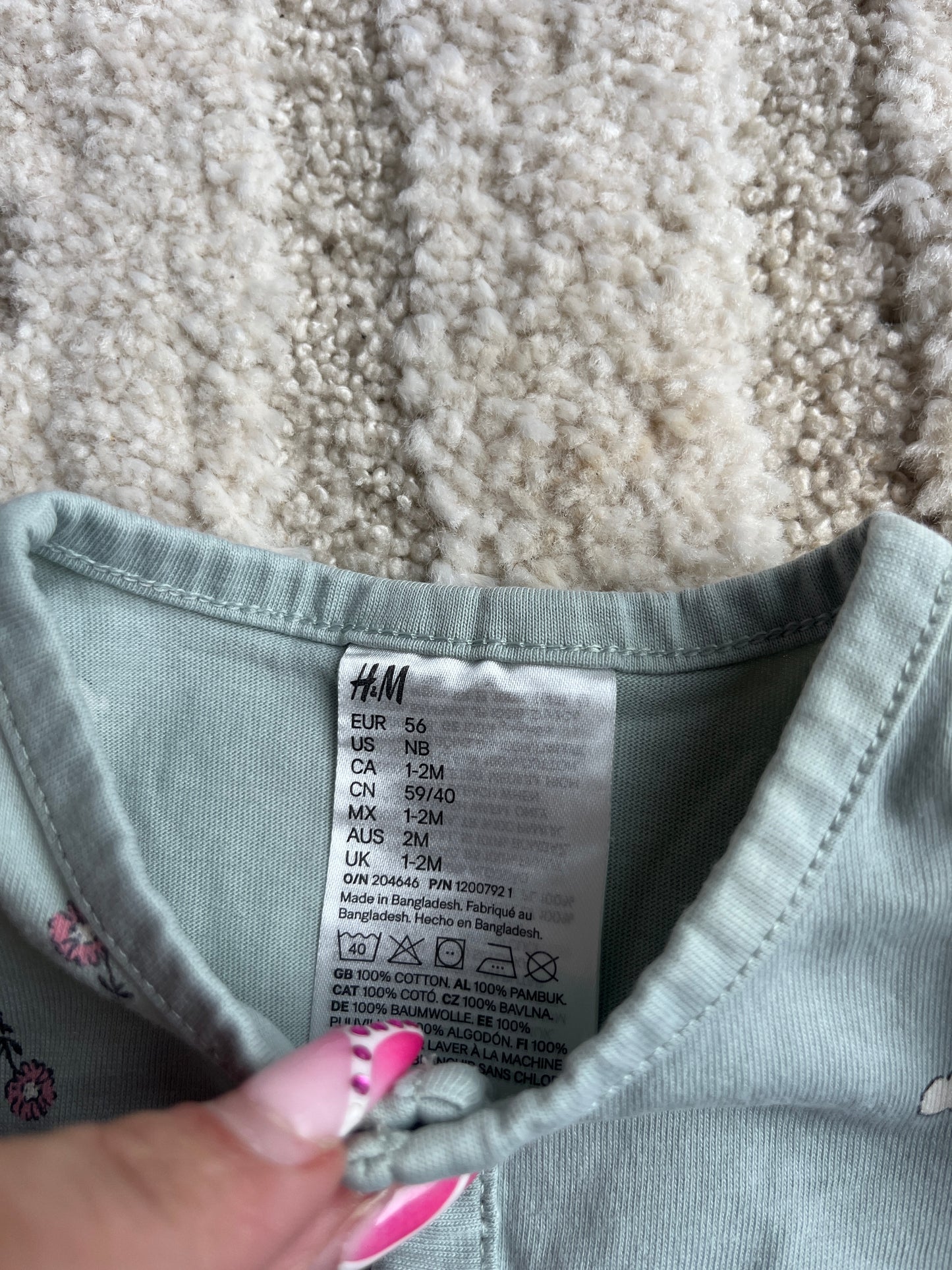 Pyjama léger sans pieds vert sauge motifs lapins H&M - 56 cm