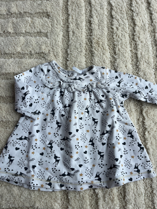Robe à manches longues blanche motifs faon noir - 1 mois