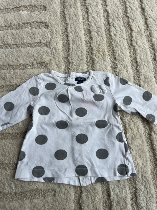 T-shirt à manches longues blanc à pois gris et noeud en relief - 3 mois