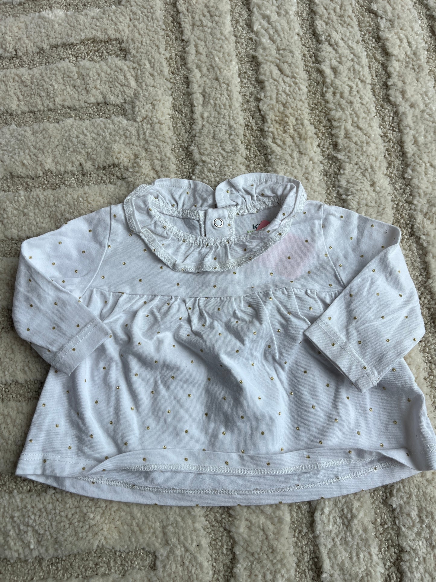 T-shirt à manches longues blanc à pois et col volanté - 3 mois