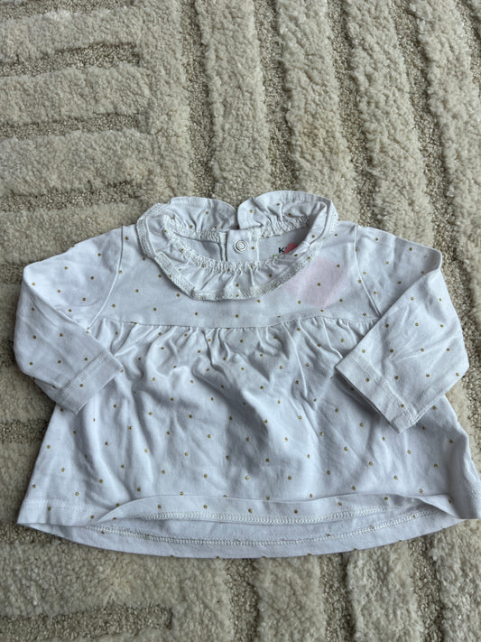 T-shirt à manches longues blanc à pois et col volanté - 3 mois
