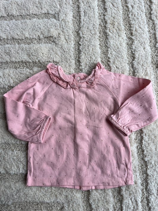 T-shirt à manches longues rose à pois et col volanté - 3 mois