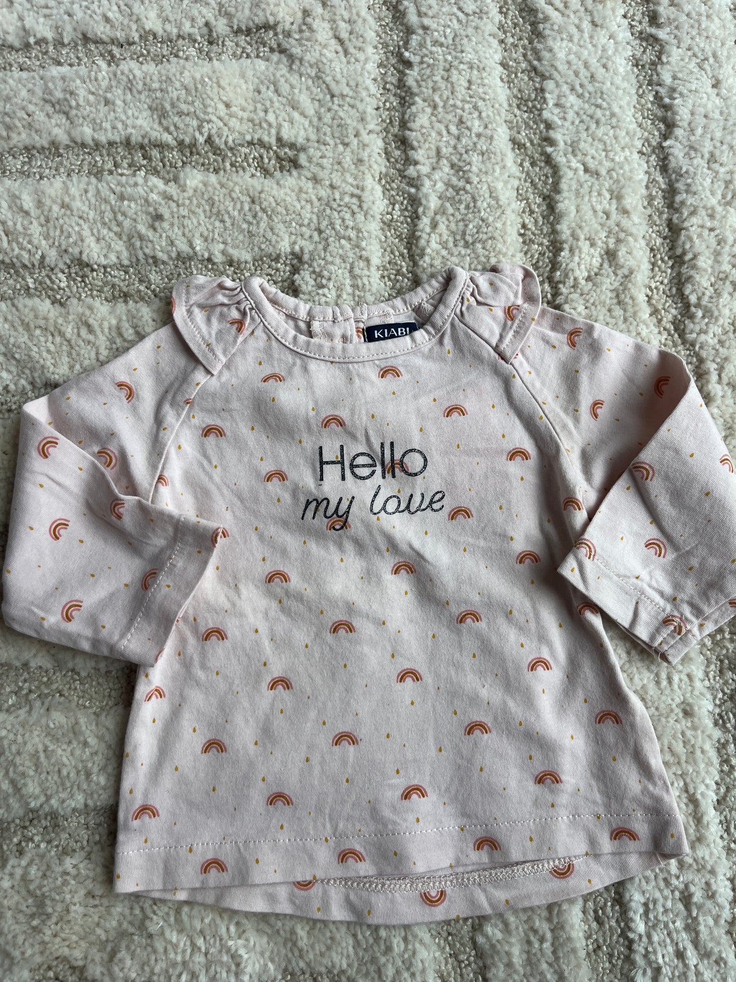T-shirt à manches longues rose pale motifs arc-en-ciel « hello my love » - 3 mois