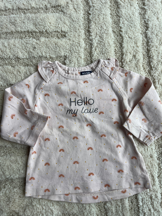 T-shirt à manches longues rose pale motifs arc-en-ciel « hello my love » - 3 mois