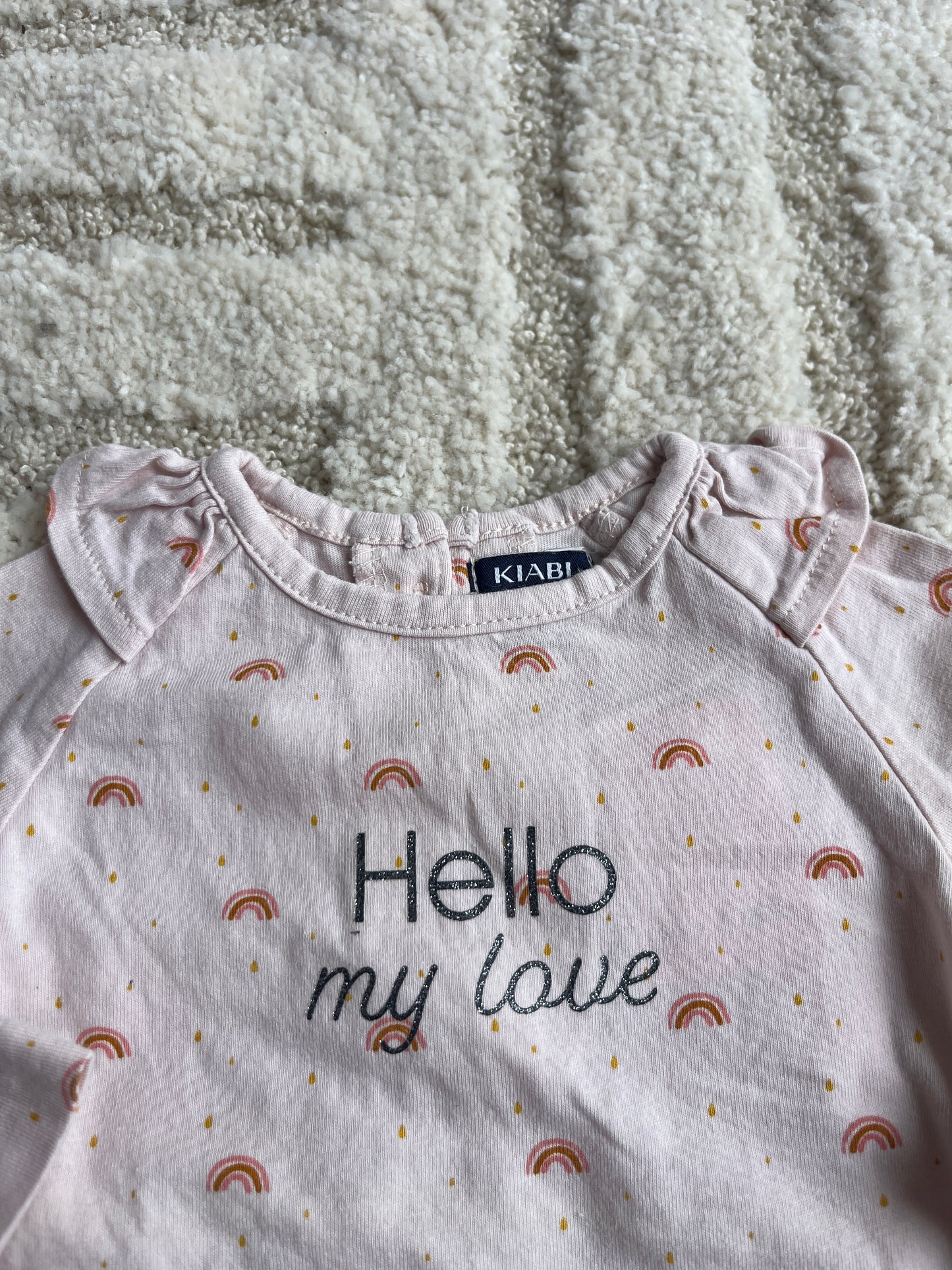 T-shirt à manches longues rose pale motifs arc-en-ciel « hello my love » - 3 mois