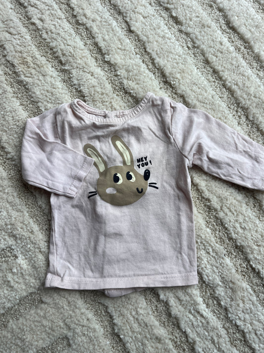 T-shirt à manches longues rose pale tête lapin « hey you » - 3 mois