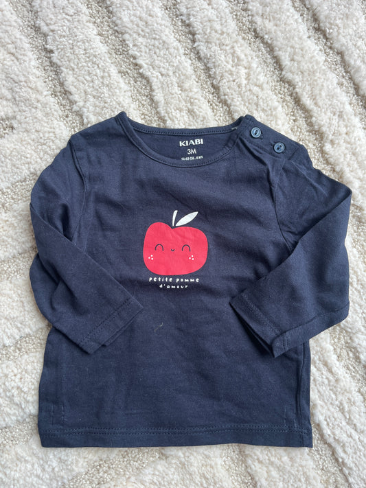 T-shirt à manches longues bleu marine « petite pomme d’amour » - 3 mois