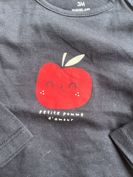 T-shirt à manches longues bleu marine « petite pomme d’amour » - 3 mois