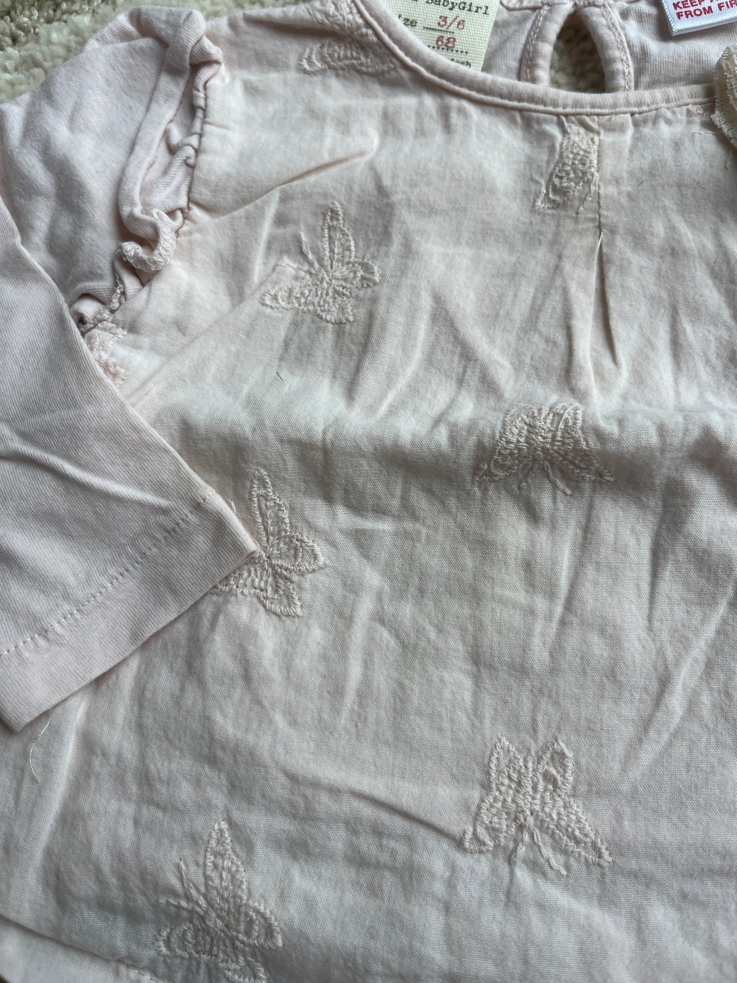 T-shirt à manches longues rose pale motifs papillons Zara - 3/6 mois (68cm)