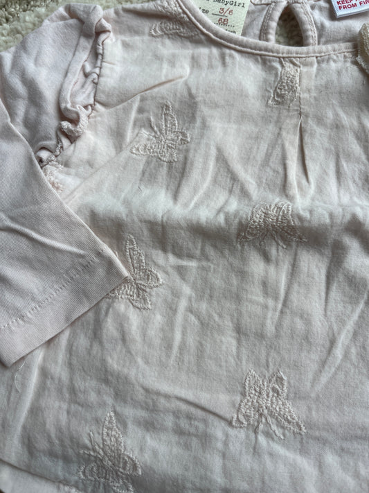 T-shirt à manches longues rose pale motifs papillons Zara - 3/6 mois (68cm)