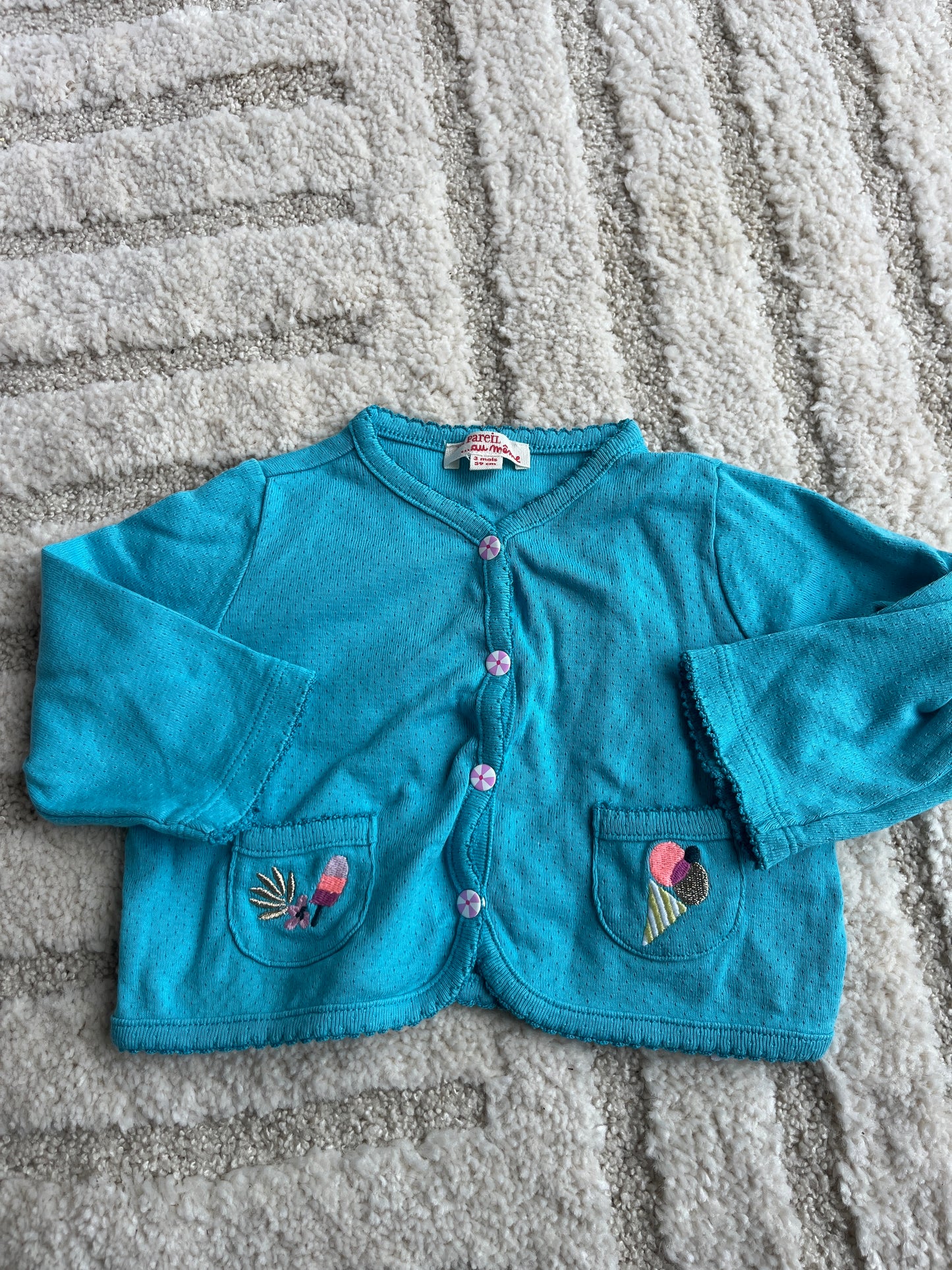 Gilet à manches longues bleu turquoise motifs glaces DPAM - 3 mois