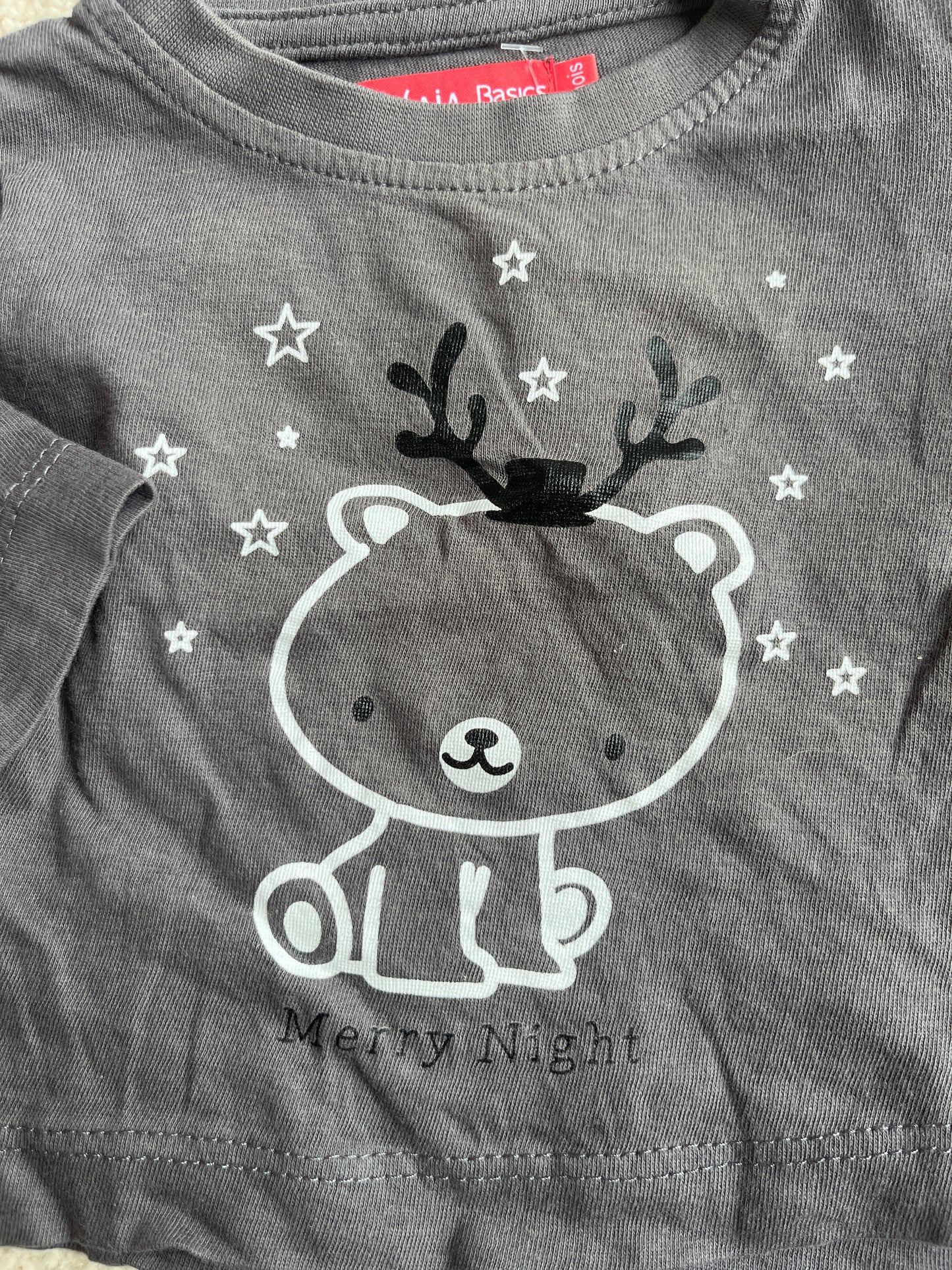 T-shirt à manches longues gris ourson « Merry night » - 3 mois