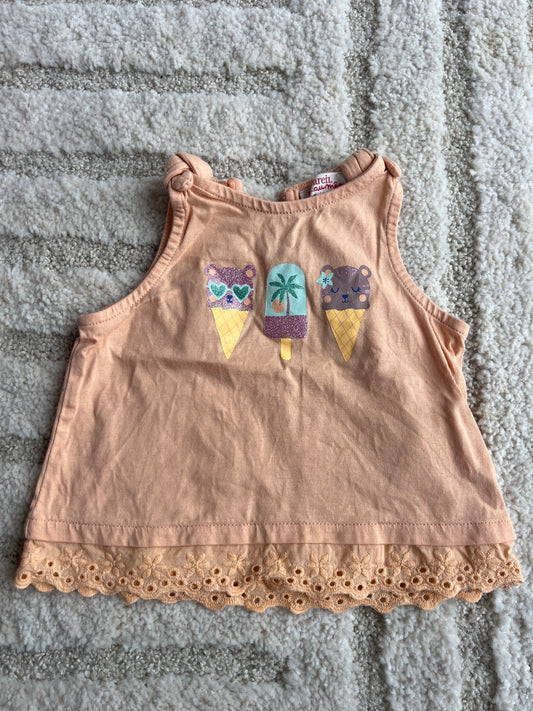 Débardeur pêche avec broderie anglaise motifs glaces - 3 mois