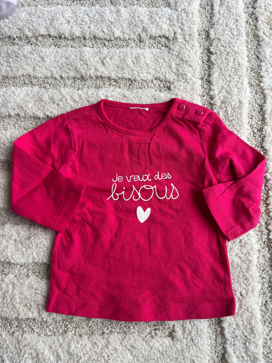 T-shirt à manches longues fuschia « je veux des bisous » - 3 mois