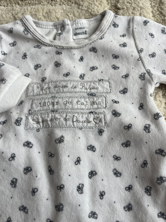 Pyjama velours blanc motifs nœuds noirs avec recette Absorba - 3 mois