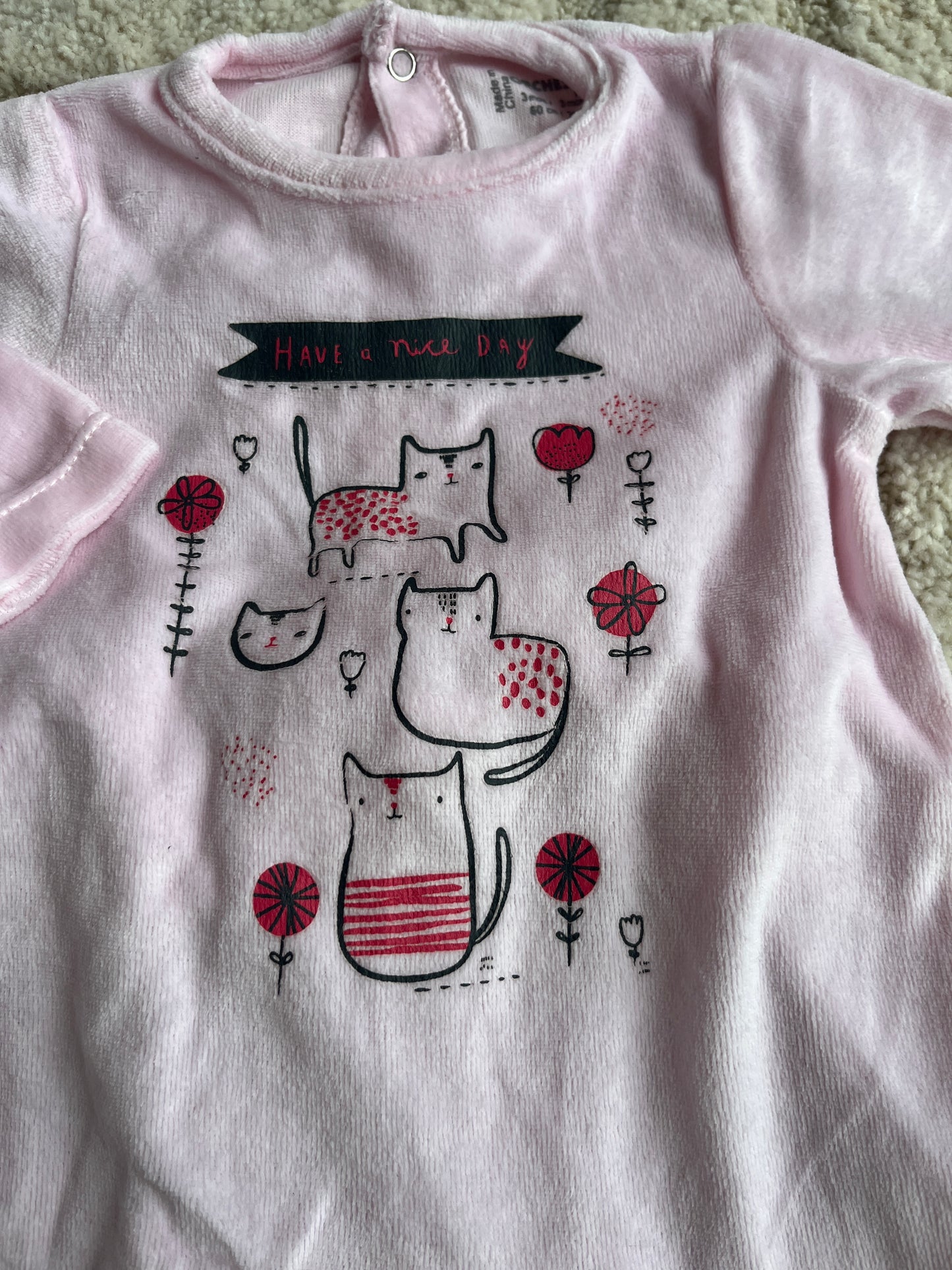 Pyjama velours rose pale chats « have a nice day » - 3 mois