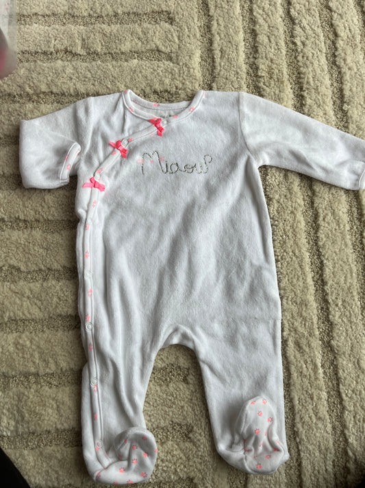 Pyjama velours blanc avec nœuds roses « miaou » Pat & Ripaton - 3 mois