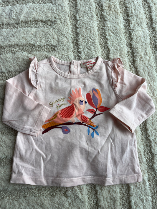 T-shirt à manches longues rose pale oiseau « Sunny Time » - 3 mois