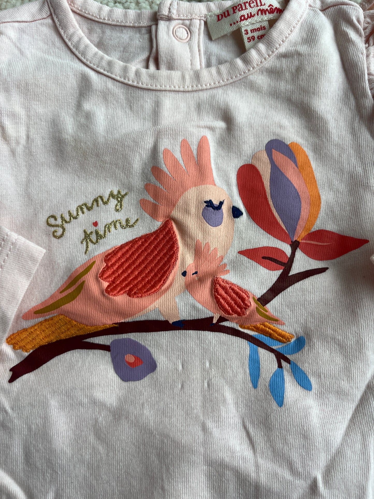 T-shirt à manches longues rose pale oiseau « Sunny Time » - 3 mois