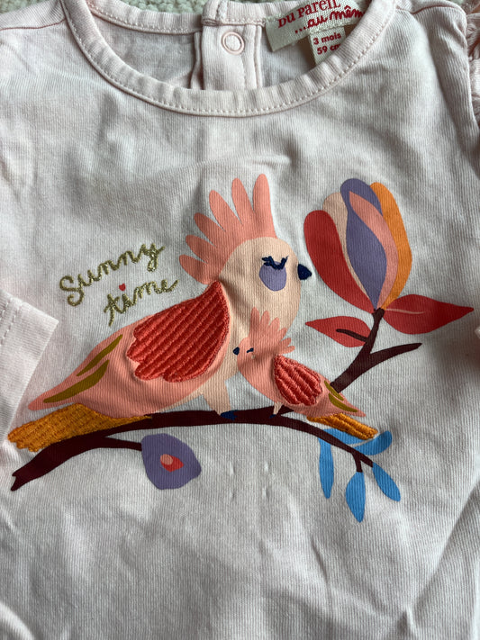 T-shirt à manches longues rose pale oiseau « Sunny Time » - 3 mois