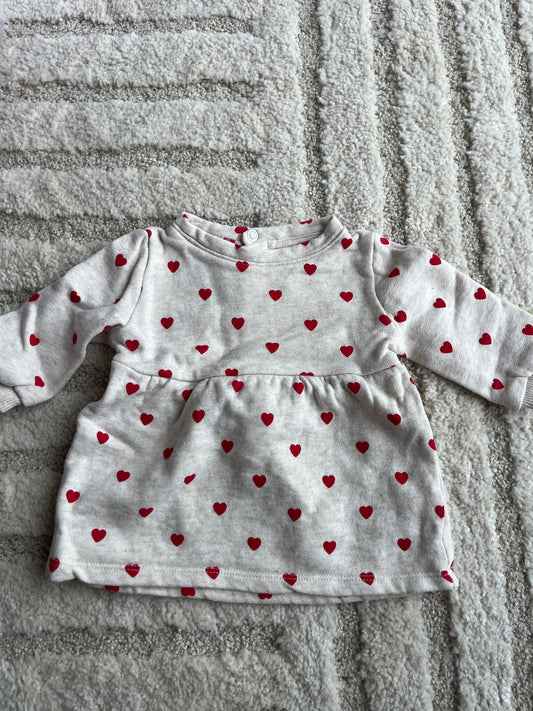 Robe à manches longues beige motifs cœurs rouges molletonnée - 3 mois