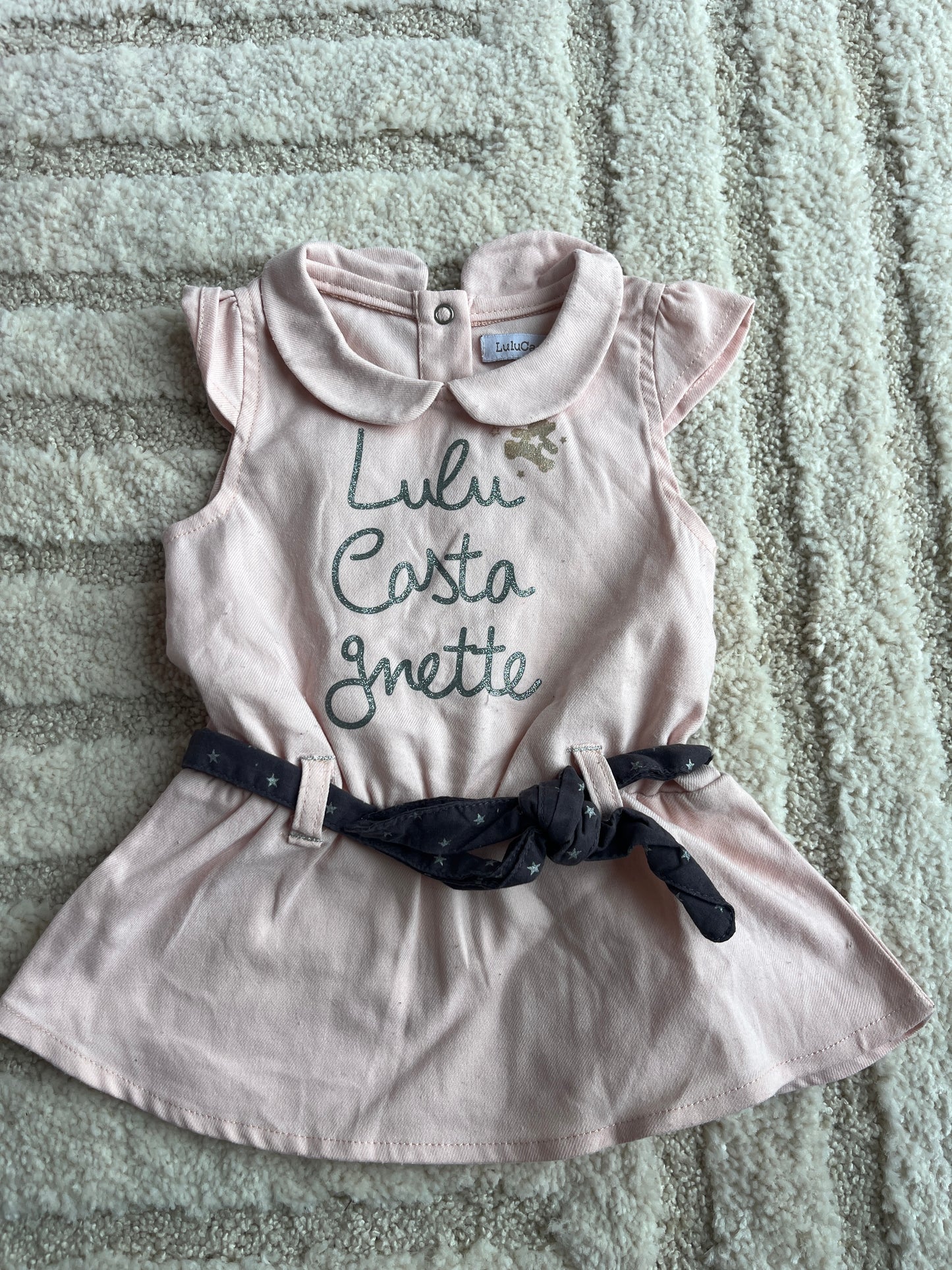 Robe sans manches rose pale avec ceinture et col Claudine Lulu Castagnette - 3 mois