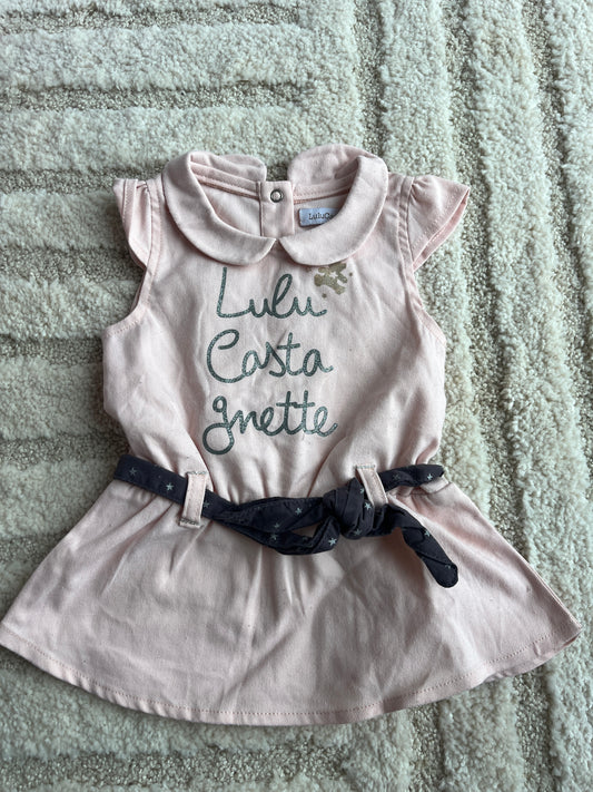 Robe sans manches rose pale avec ceinture et col Claudine Lulu Castagnette - 3 mois