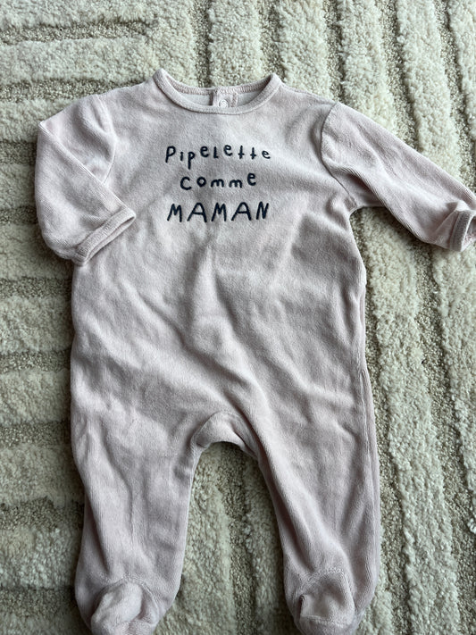 Pyjama velours rose pale « pipelette comme maman » - 3 mois