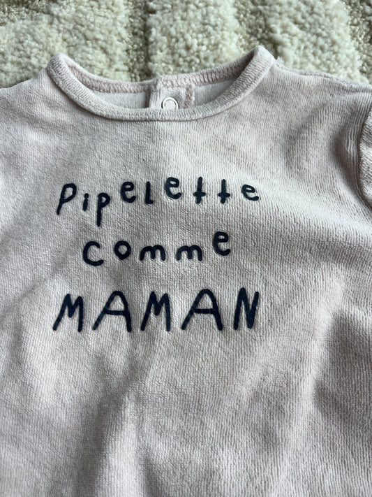 Pyjama velours rose pale « pipelette comme maman » - 3 mois