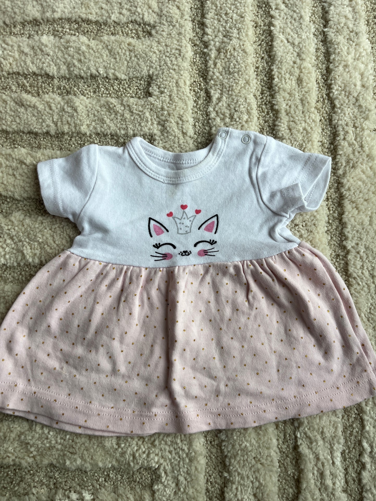 Robe à manches courtes blanche et rose tête de chat - 3 mois