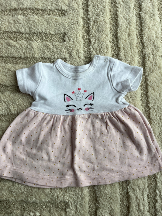 Robe à manches courtes blanche et rose tête de chat - 3 mois