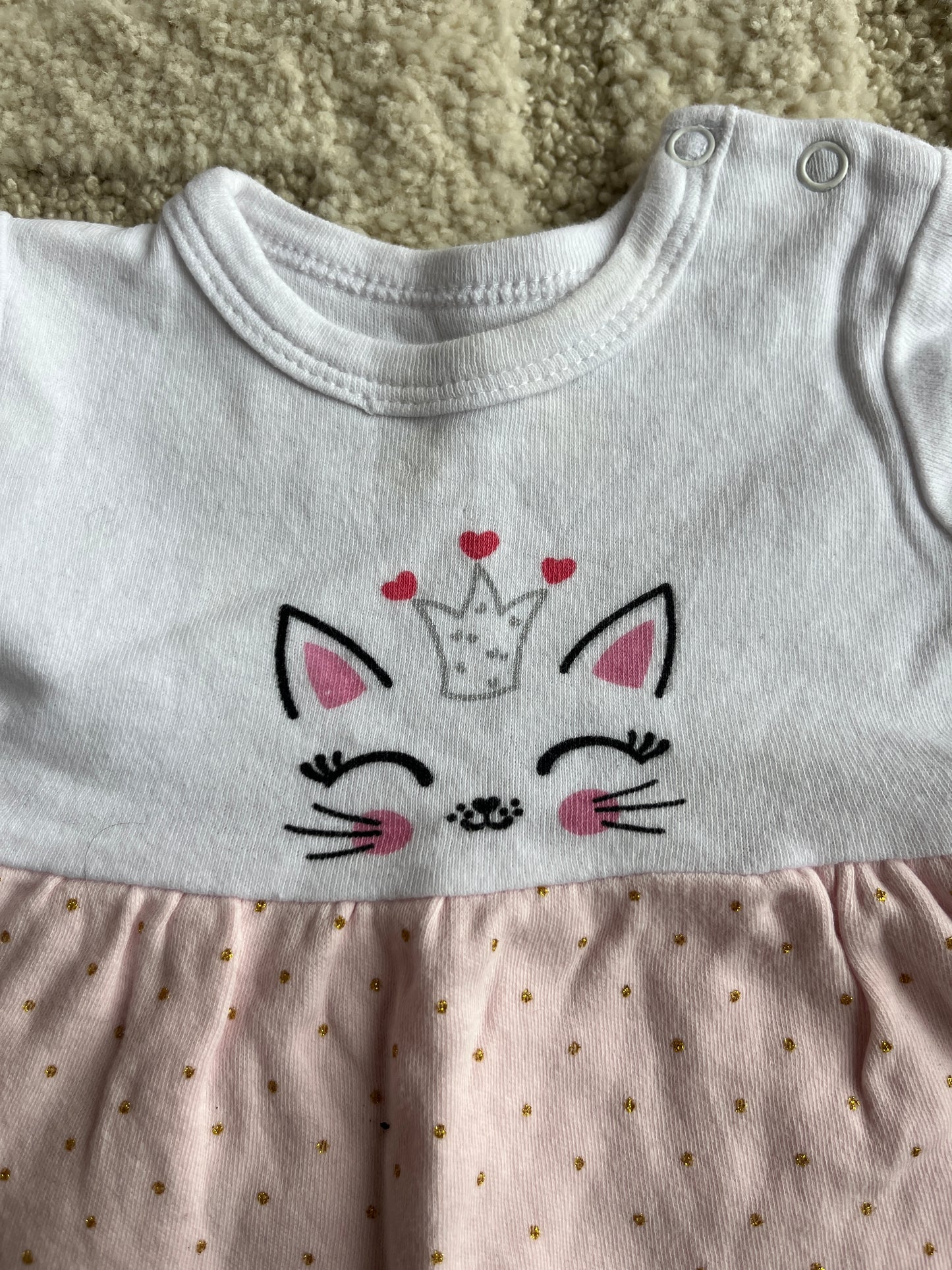 Robe à manches courtes blanche et rose tête de chat - 3 mois