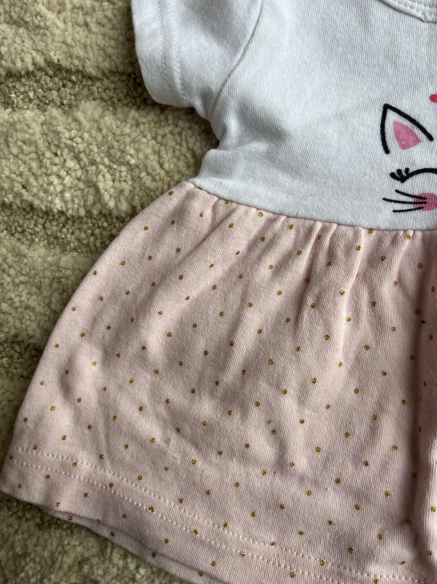 Robe à manches courtes blanche et rose tête de chat - 3 mois