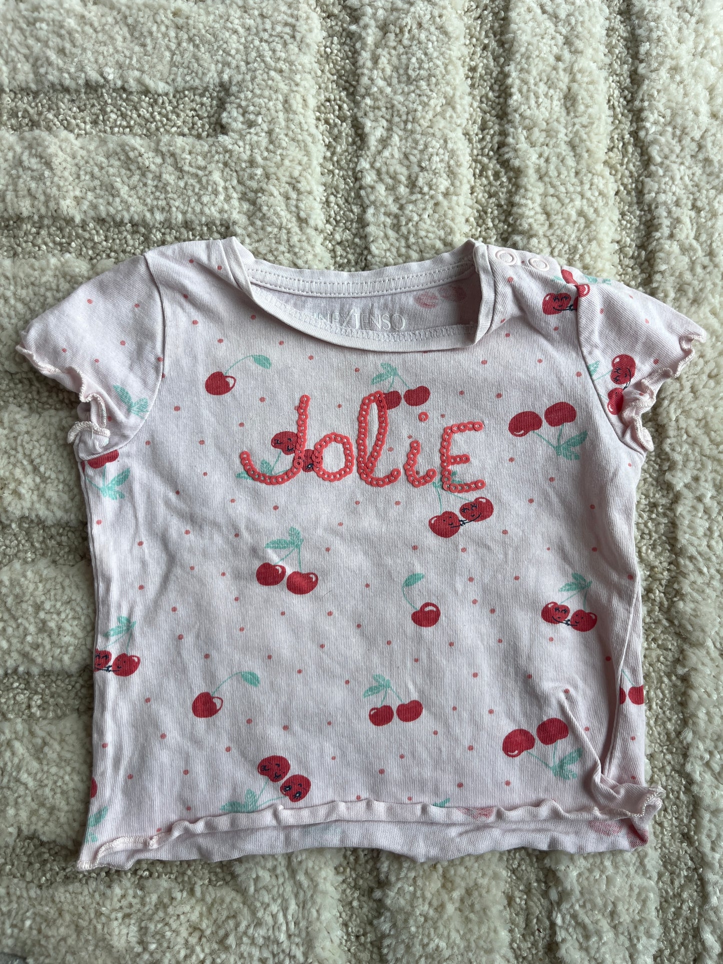T-shirt à manches courtes rose motifs cerises « jolie » - 3 mois