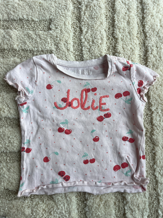 T-shirt à manches courtes rose motifs cerises « jolie » - 3 mois