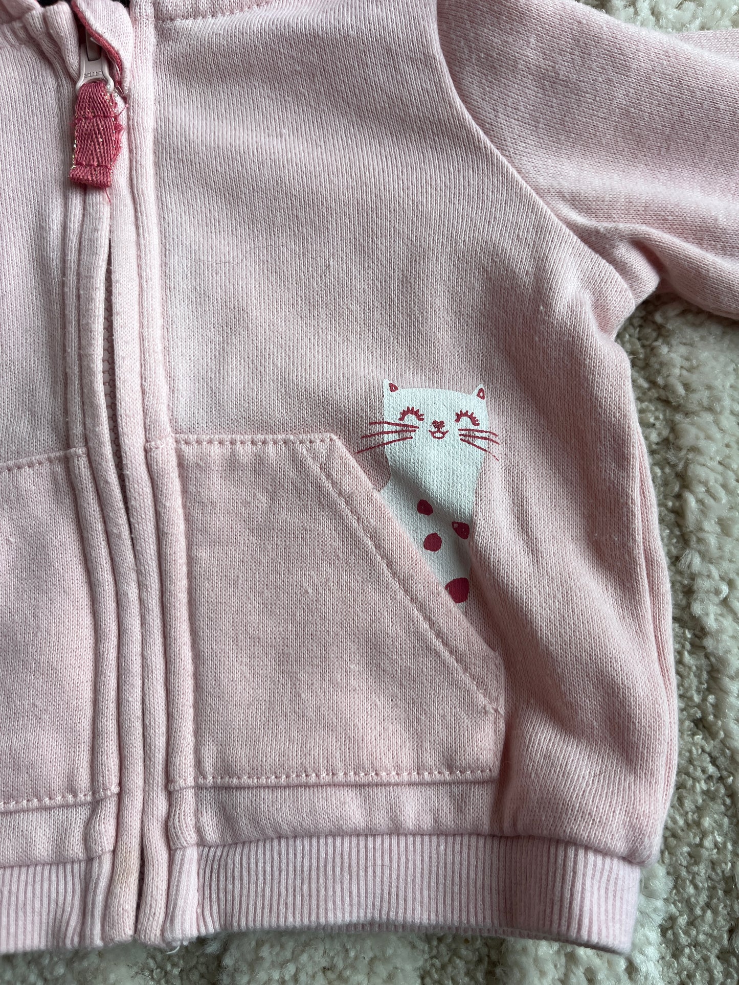 Gilet à manches longues zippée à capuche rose pale chat - 3 mois