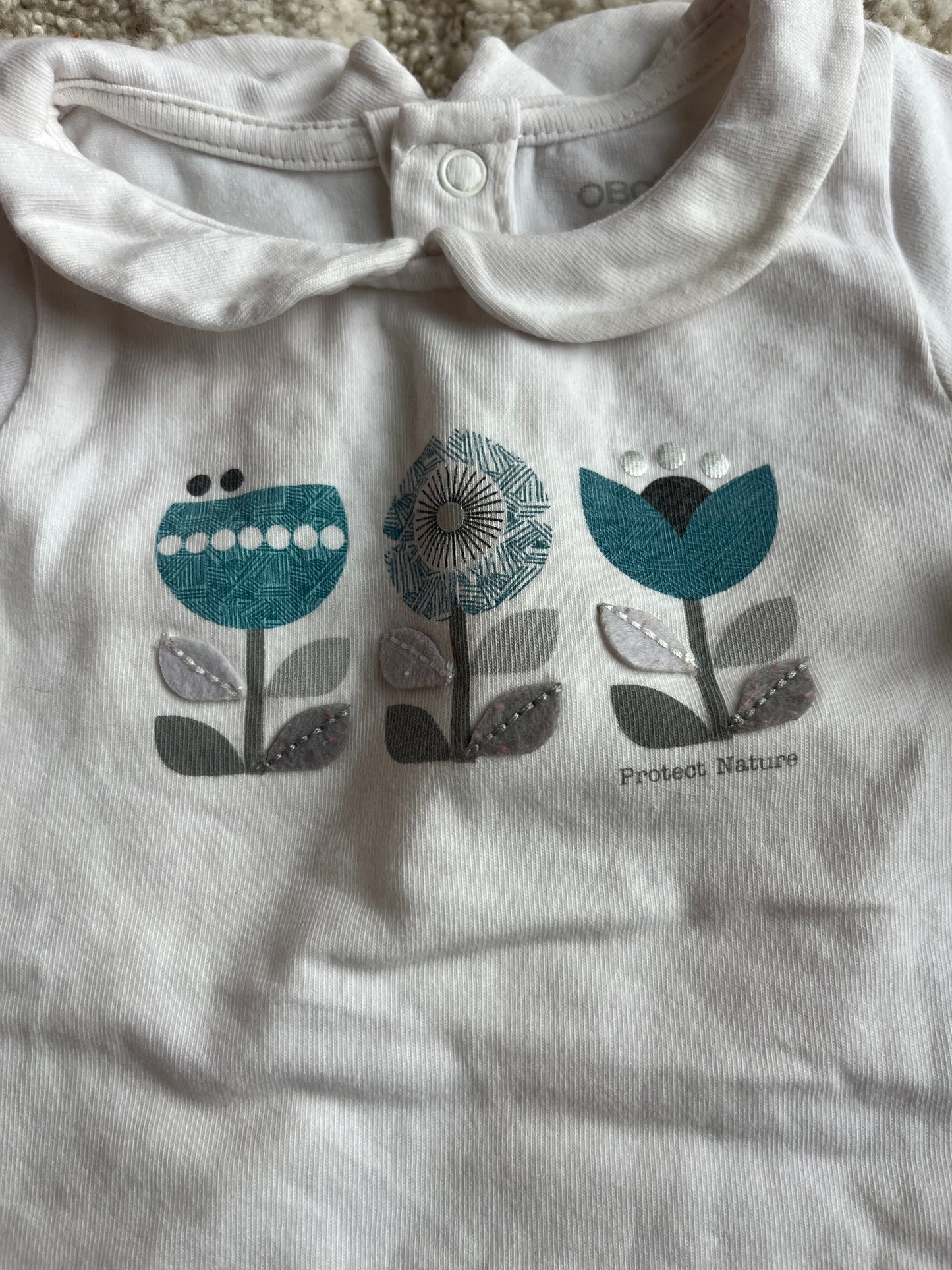 T-shirt à manches longues blanc 3 fleurs col Claudine - 3 mois