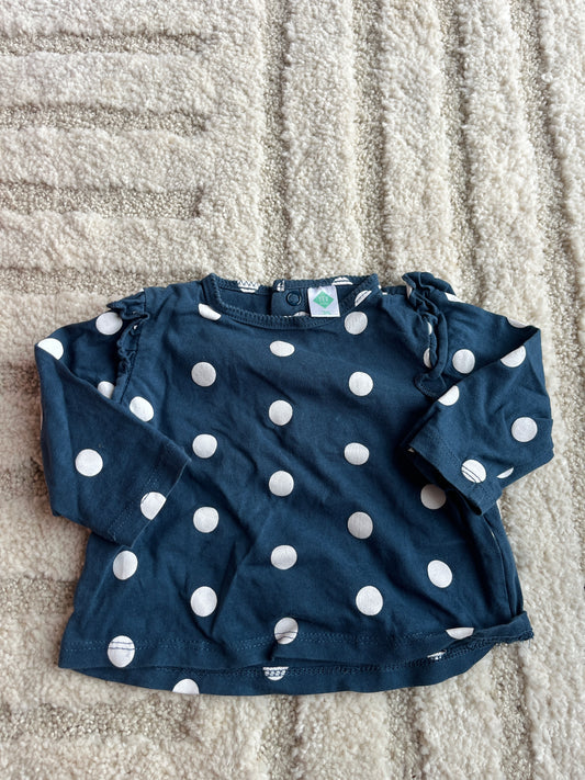 T-shirt à manches longues bleu marine à pois blancs - 3 mois