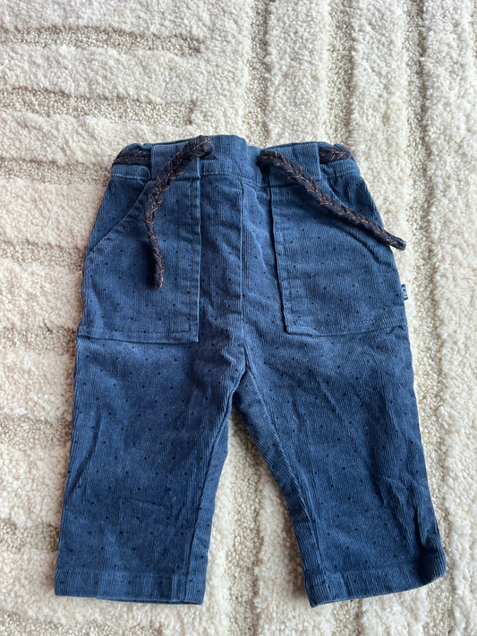 Pantalon ceinturé bleu velours côtelé à pois noirs - 3 mois