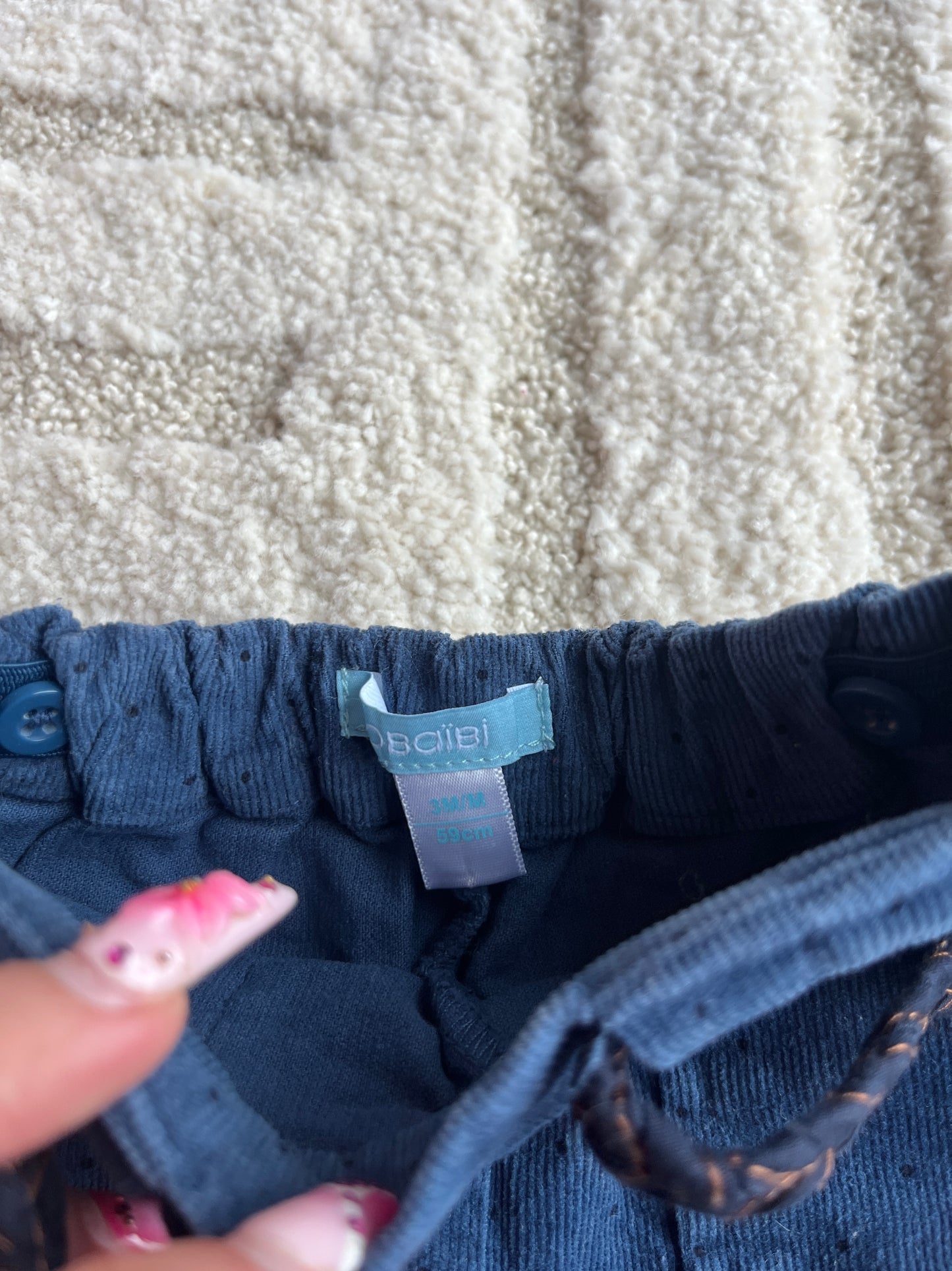 Pantalon ceinturé bleu velours côtelé à pois noirs - 3 mois
