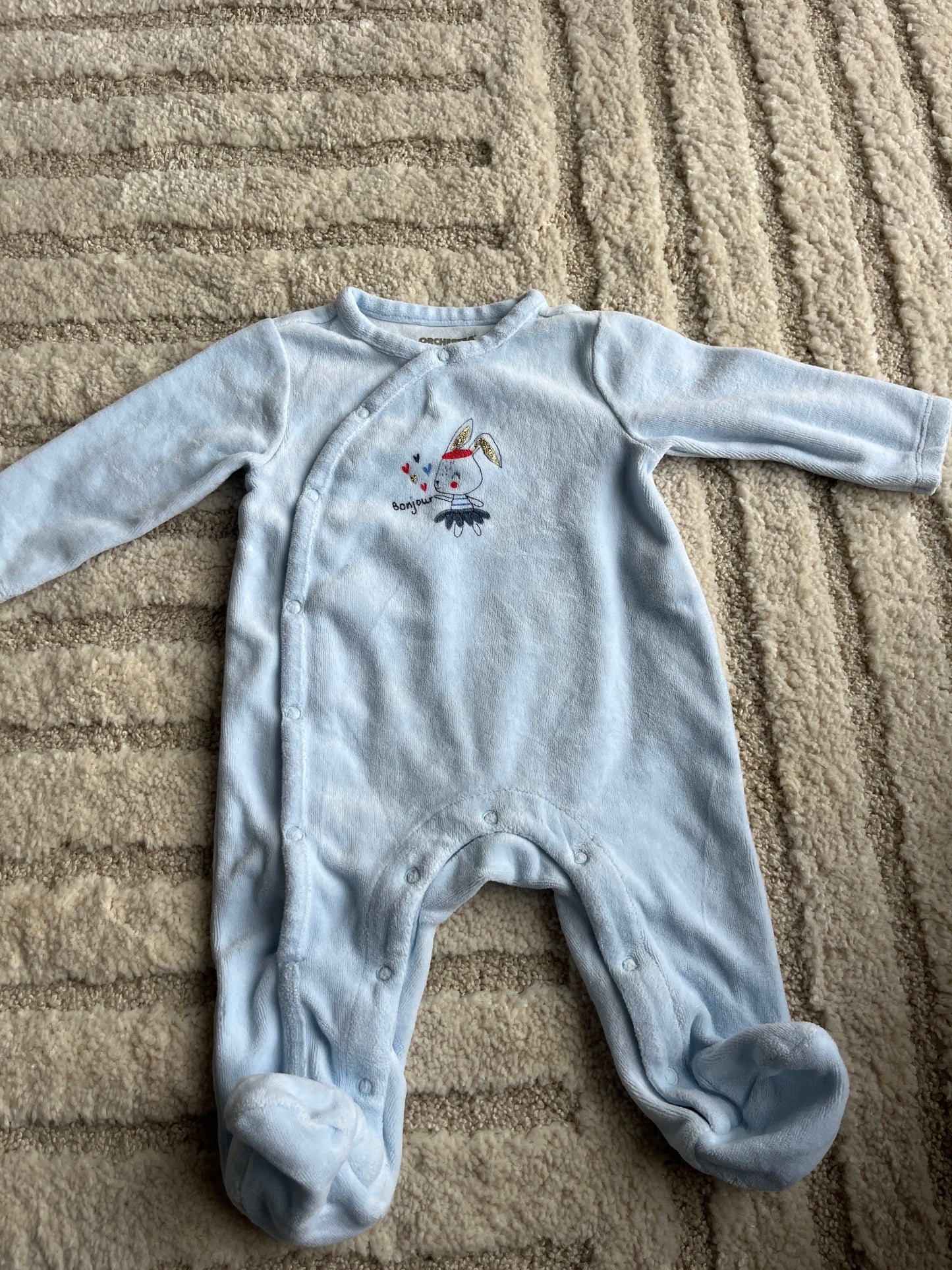 Pyjama velours bleu motif lapin « bonjour » - 6 mois