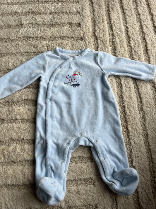 Pyjama velours bleu motif lapin « bonjour » - 6 mois