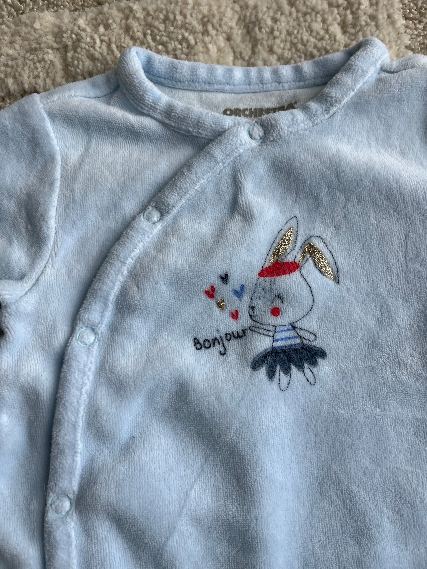 Pyjama velours bleu motif lapin « bonjour » - 6 mois