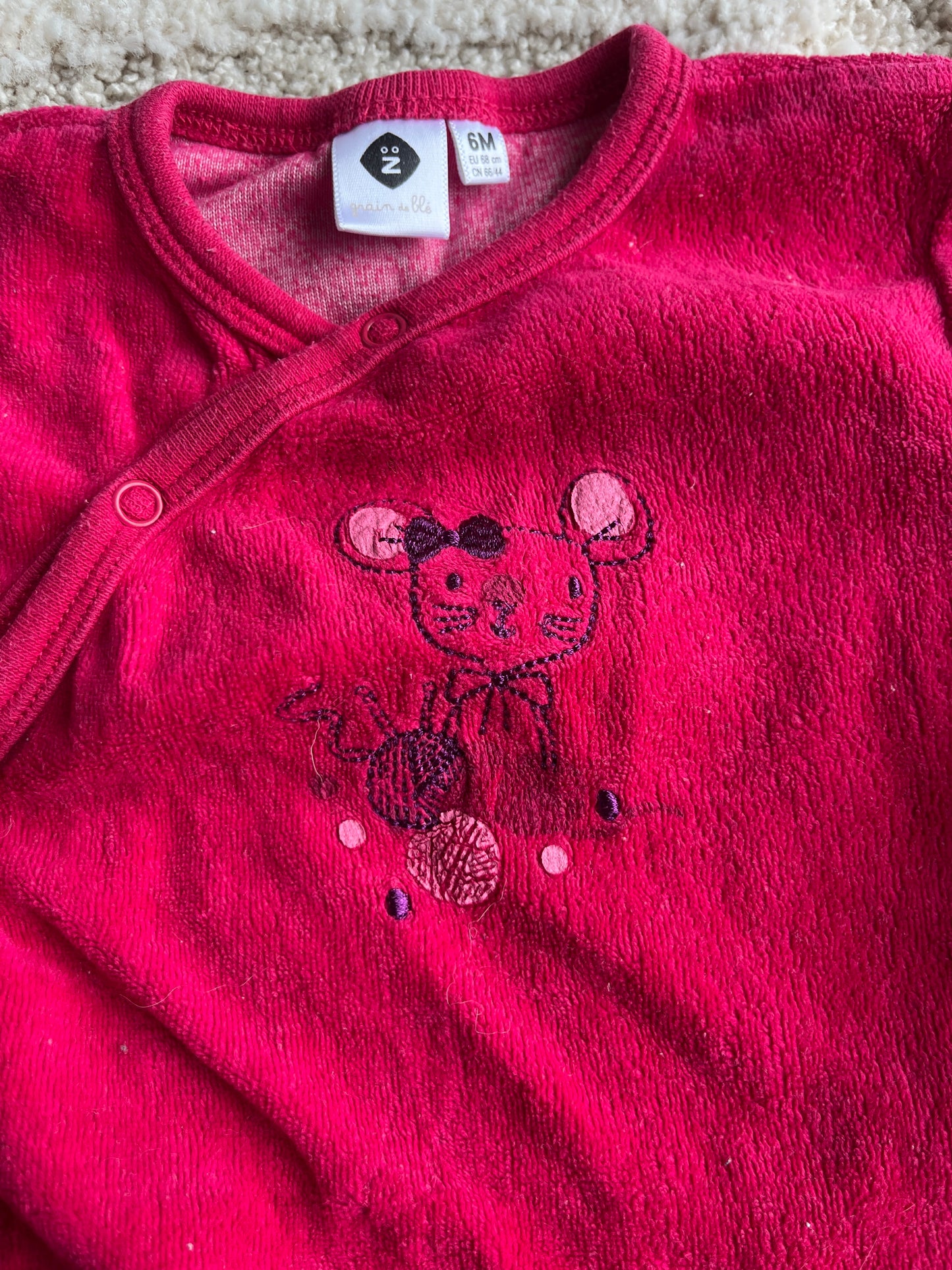 Pyjama velours fuschia motif souris Grain de Blé - 6 mois