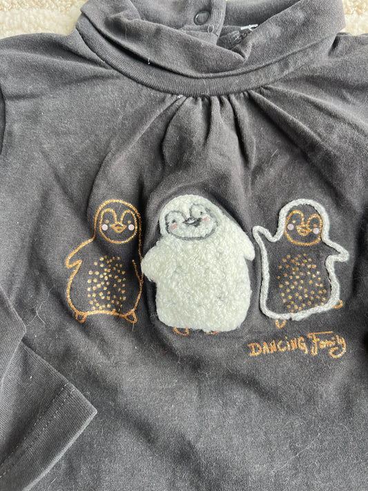 T-shirt à manches longues gris motifs 3 pingouins avec col roulé - 6 mois