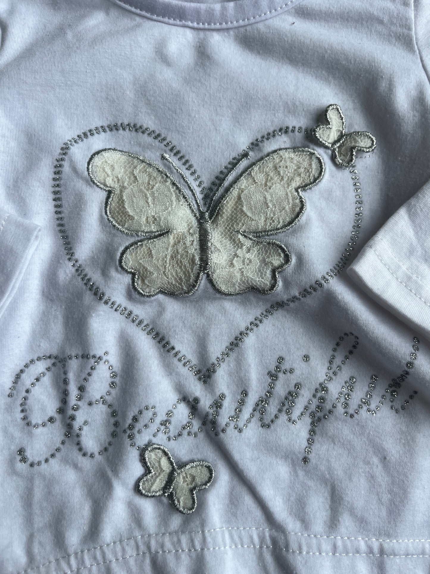 T-shirt à manches longues blanc motifs papillons en dentelle - 6 mois
